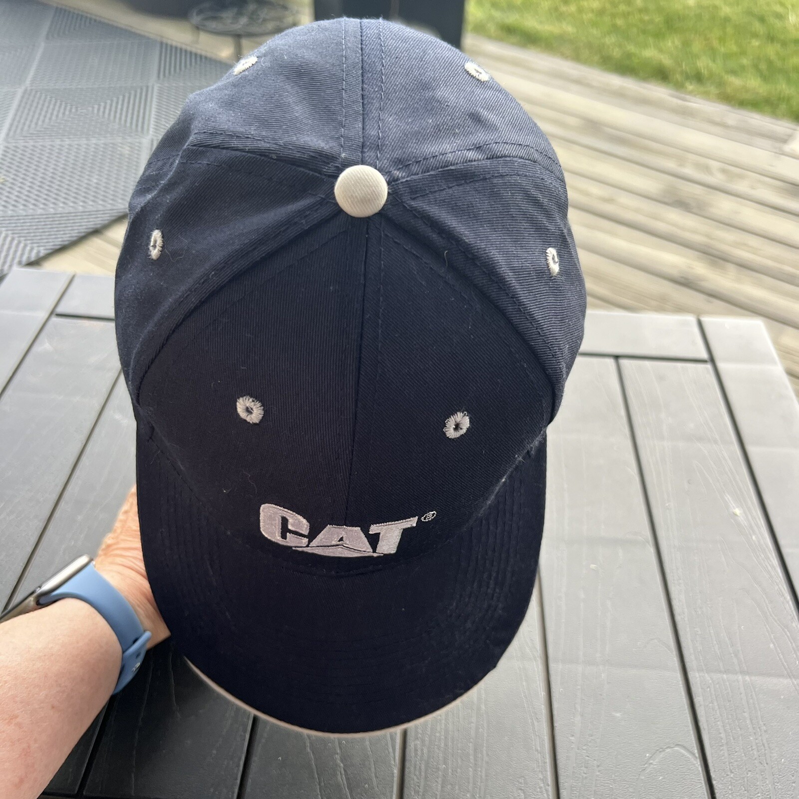 CAT w Logo Silver on Black Hat Cap Hook Loop Gray Bill Edge Cardboard in front