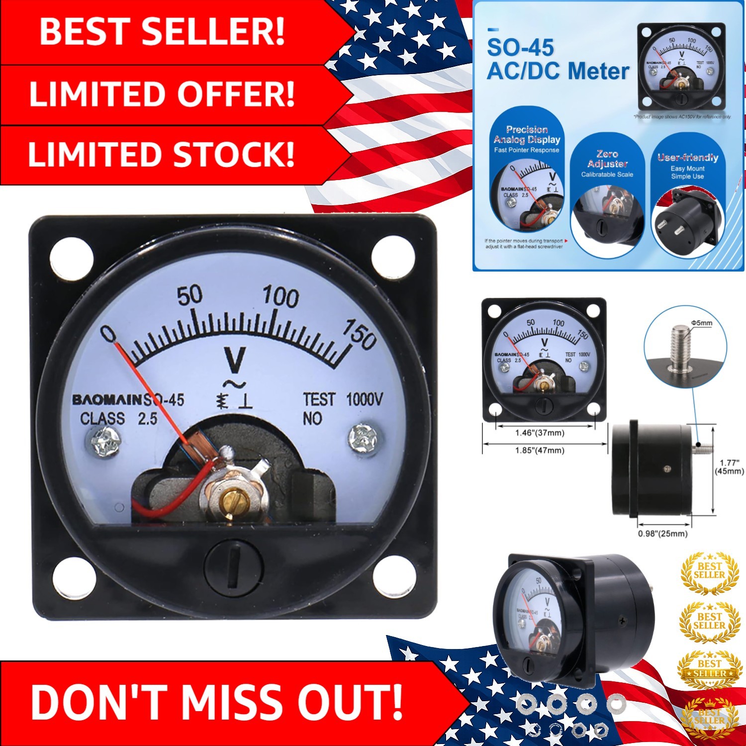 Sleek Analog AC Voltmeter Gauge 0-150V - Easy to Read Wall-Mounted Design