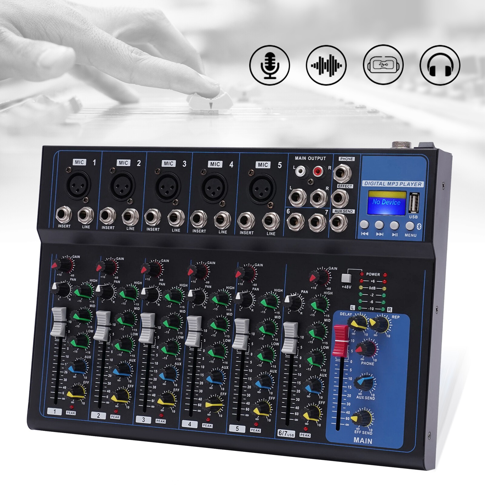 Portable 7-Channel Bluetooth Audio Mixer USB DJ Sound Mixing Console Board Pro
