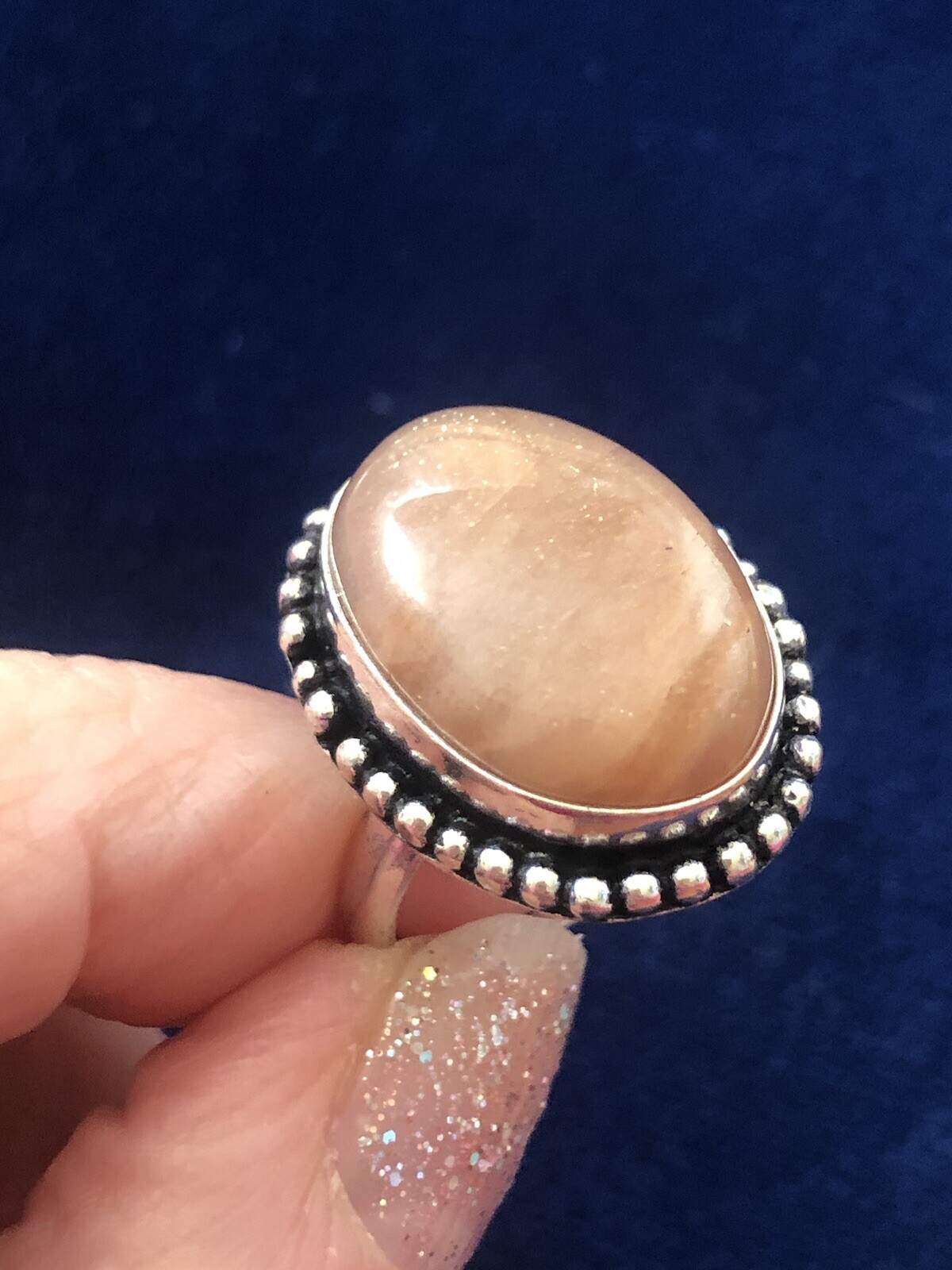 Peachy Sunset Sunstone Oval Pinky Ring Size 5.5