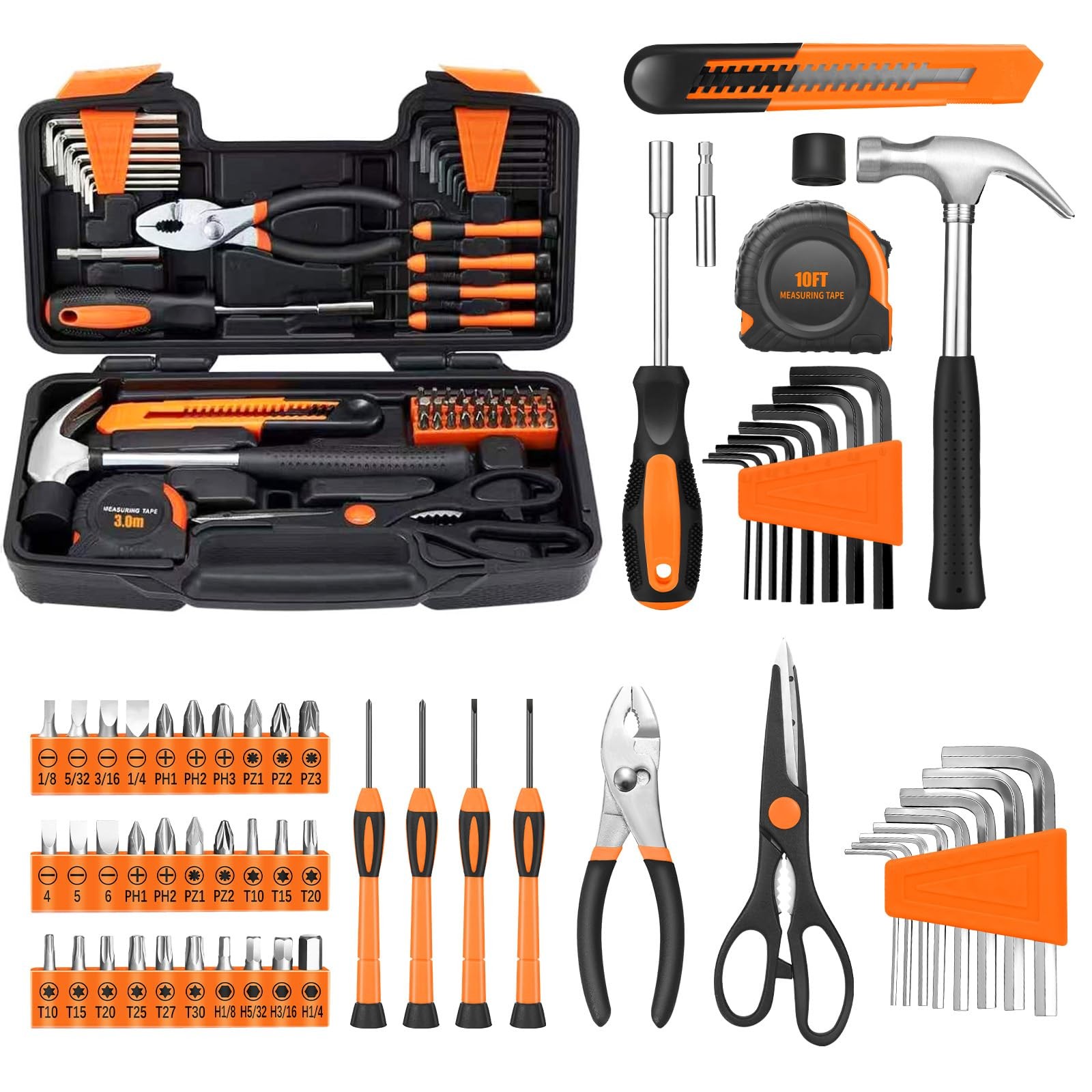 58 Piece Household Tool Set With Plastic Storage Case For Home Office And Rep...