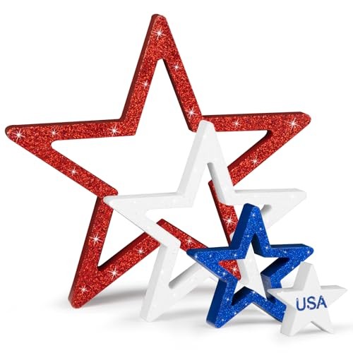 4th of July Decorations Stars Set of 4, Red White Blue Decor, Patriotic