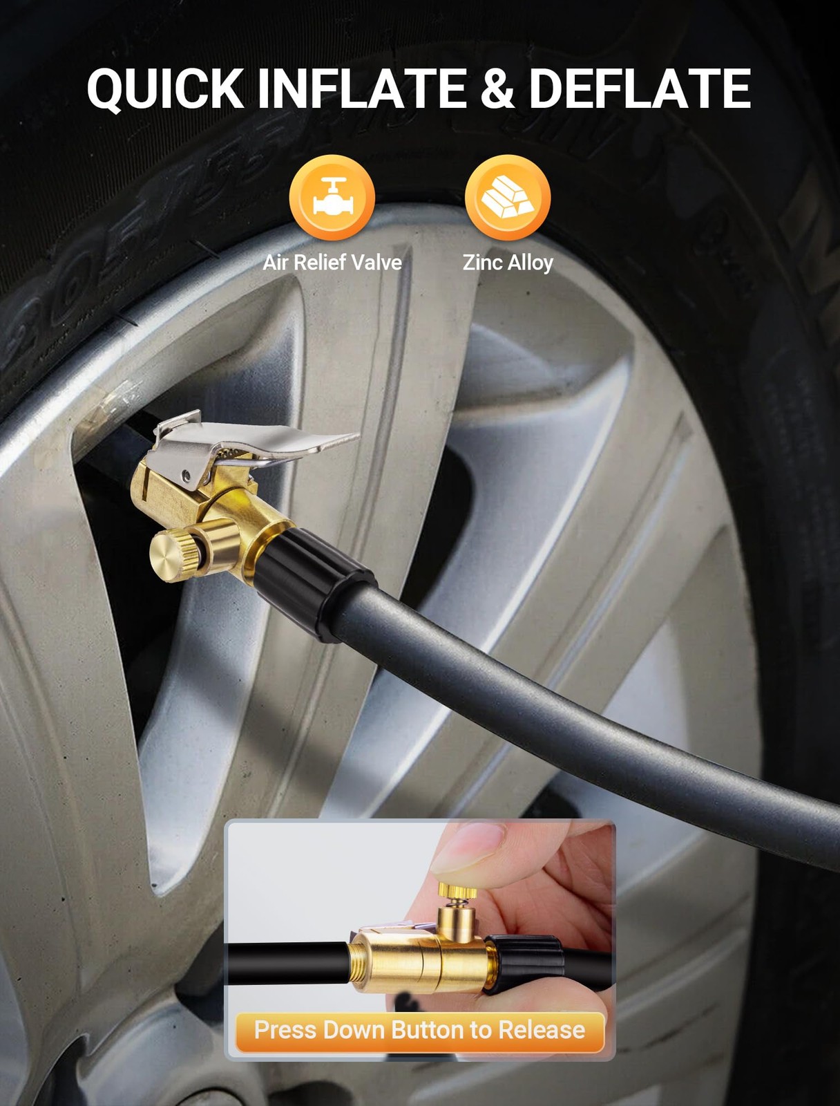 2-Pack Locking Tire Air Chuck, Brass Inflator Quick Release Type, Gold