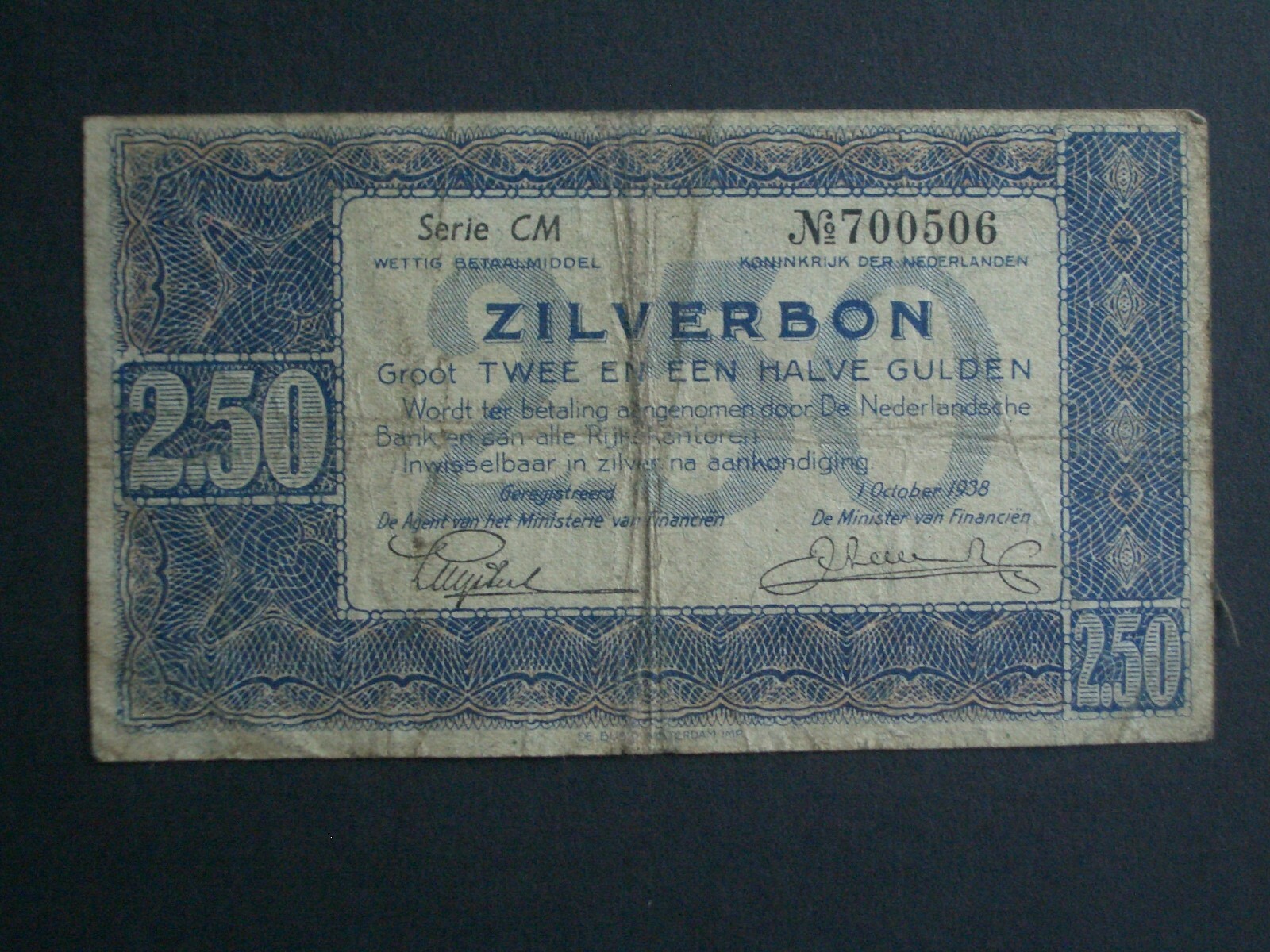 ***Scarce 1938 Netherlands 2 1/2 Gulden  Banknote***