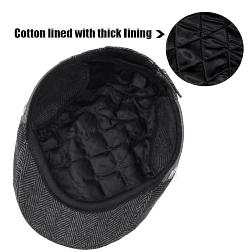 Men's Newsboy Hat with Earflaps Flat Ivy Cap Cabbie One Size Grey Herringbone