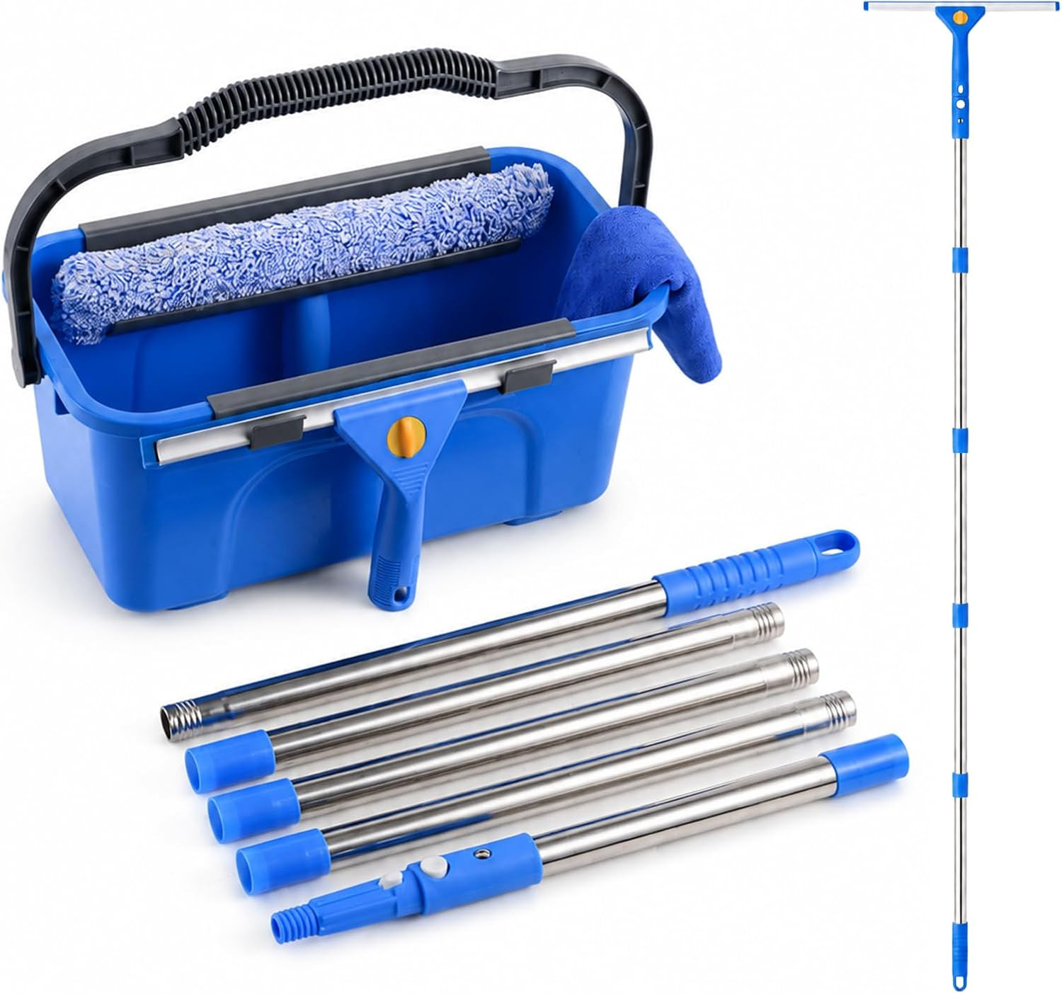 Window Cleaning Kit with Bucket 3 Gallon Squeegee Microfiber Extendable Pole Set