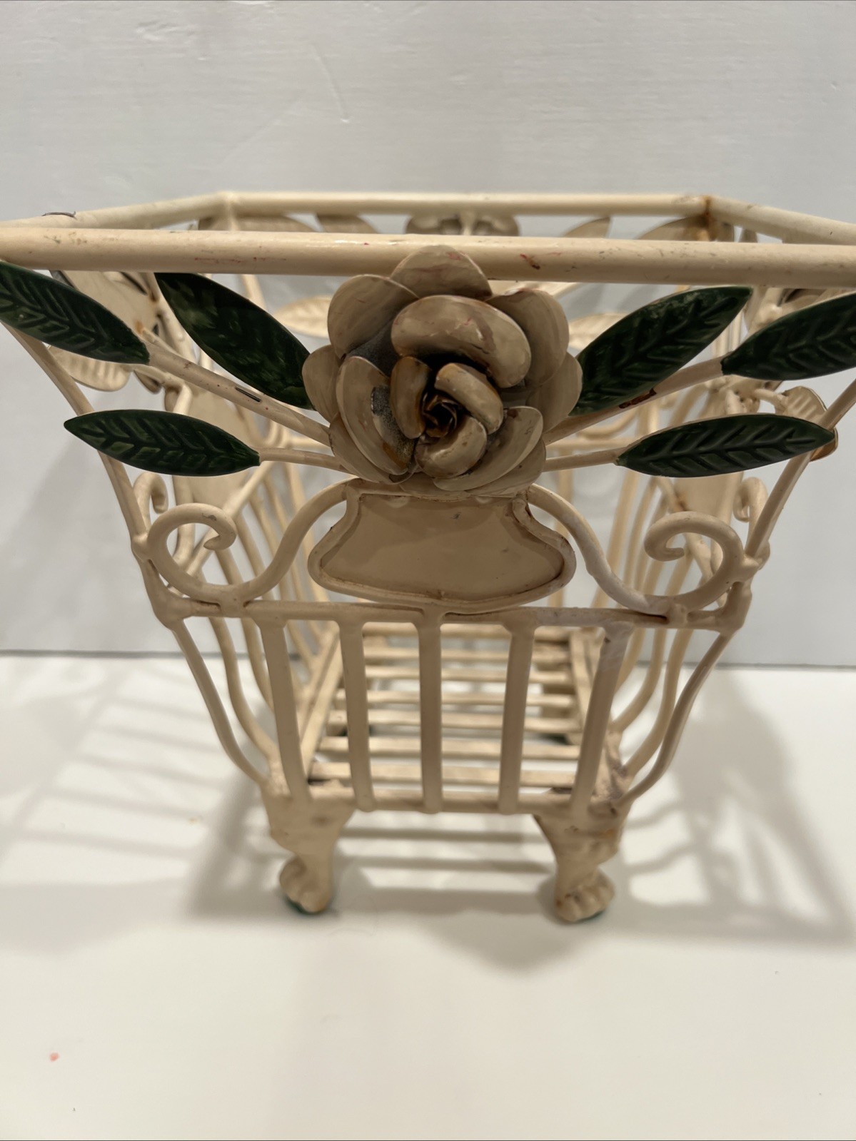Vintage Tole Painted Metal Floral Flowers Planter