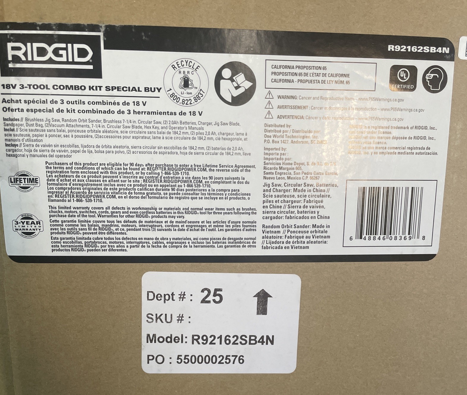 RIDGID 18V Cordless 3-Tool Combo Kit (R92162SB4N) OPEN BOX