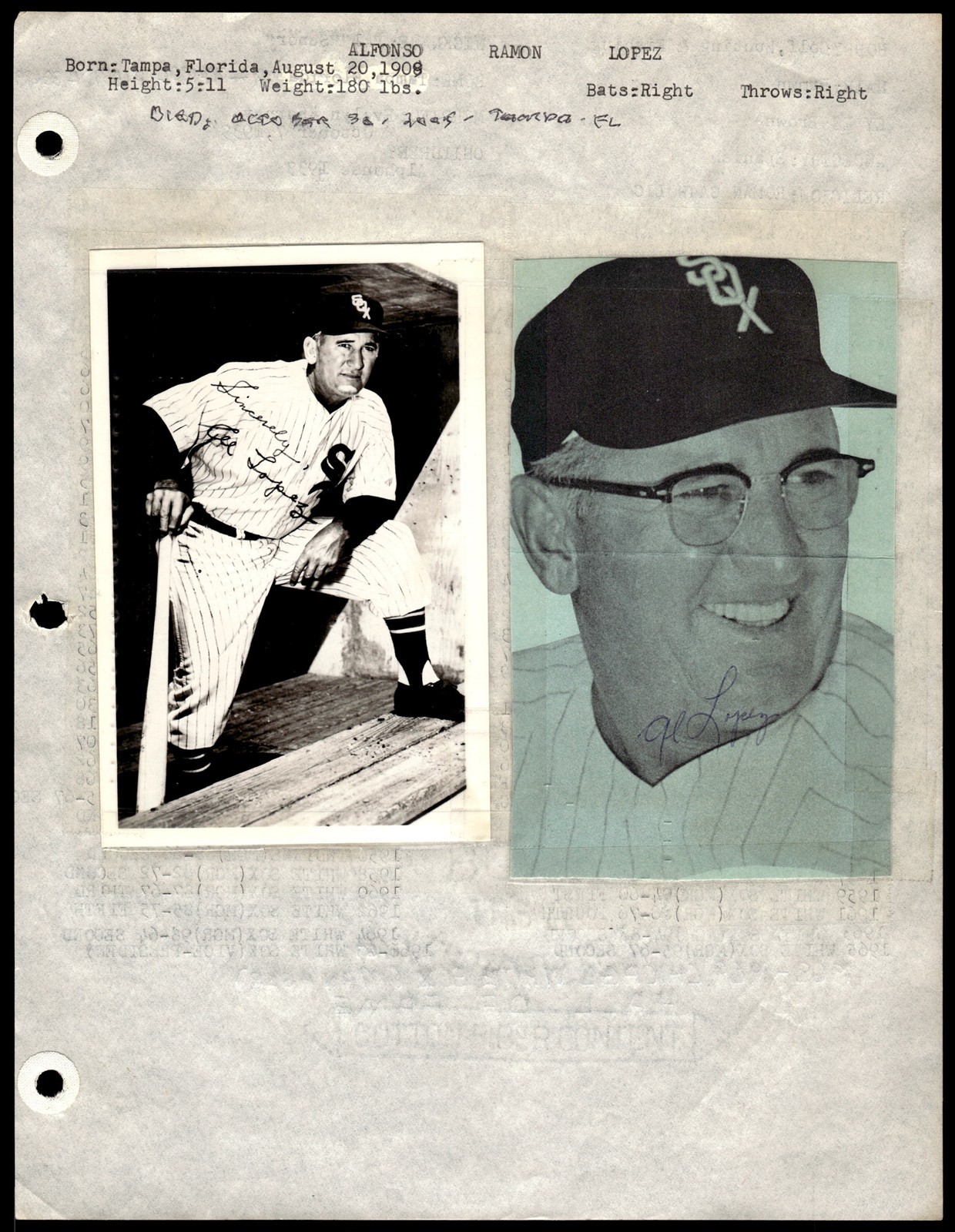 Al Lopez White Sox Baseball Signed Page w/ stats Auto *Y2387