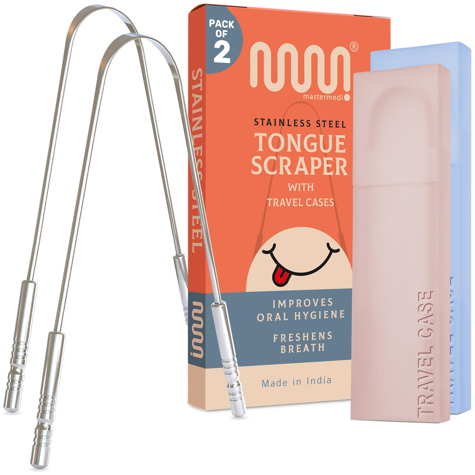 MasterMedi Tongue Scraper for Adults with 2 Count (Pack of 1), White