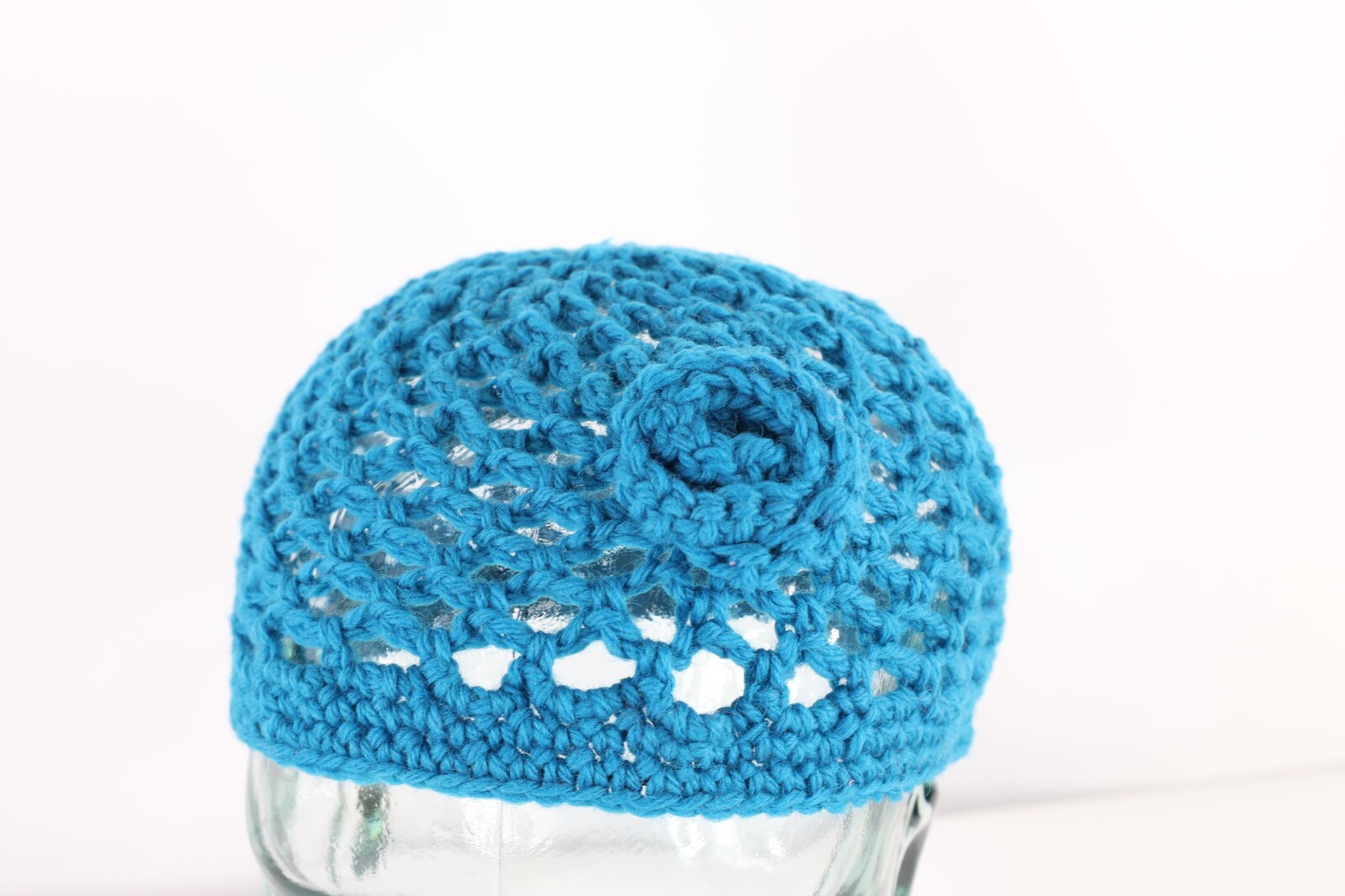 NOS Vtg 70s Streetwear Crochet Wool Knit Flower Skull Beanie Hat Blue Womens OS
