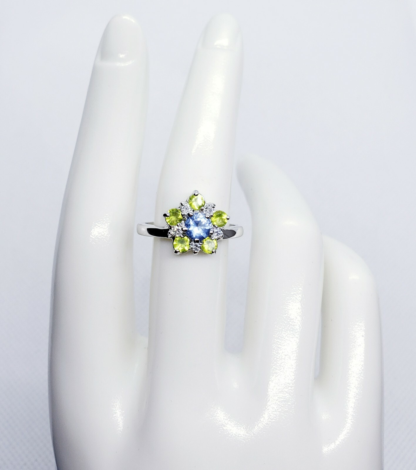 Solid 925 sterling silver Simulated Tanzanite, Peridot, and White CZ Ring IRN8