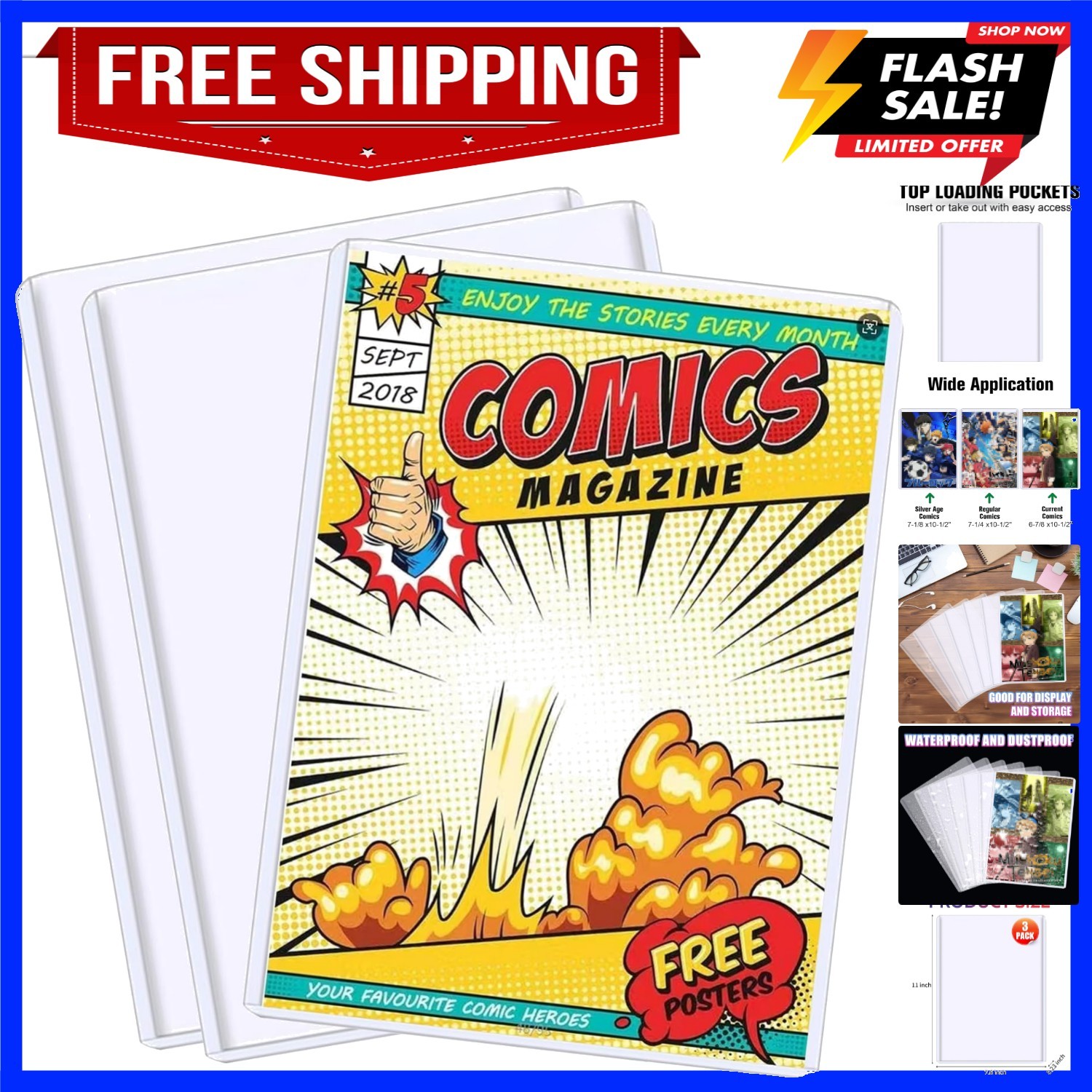 3Pack Comic Book Toploaders - 7.6x11 Inch  PVC Hard Sleeves for Current & Sil...