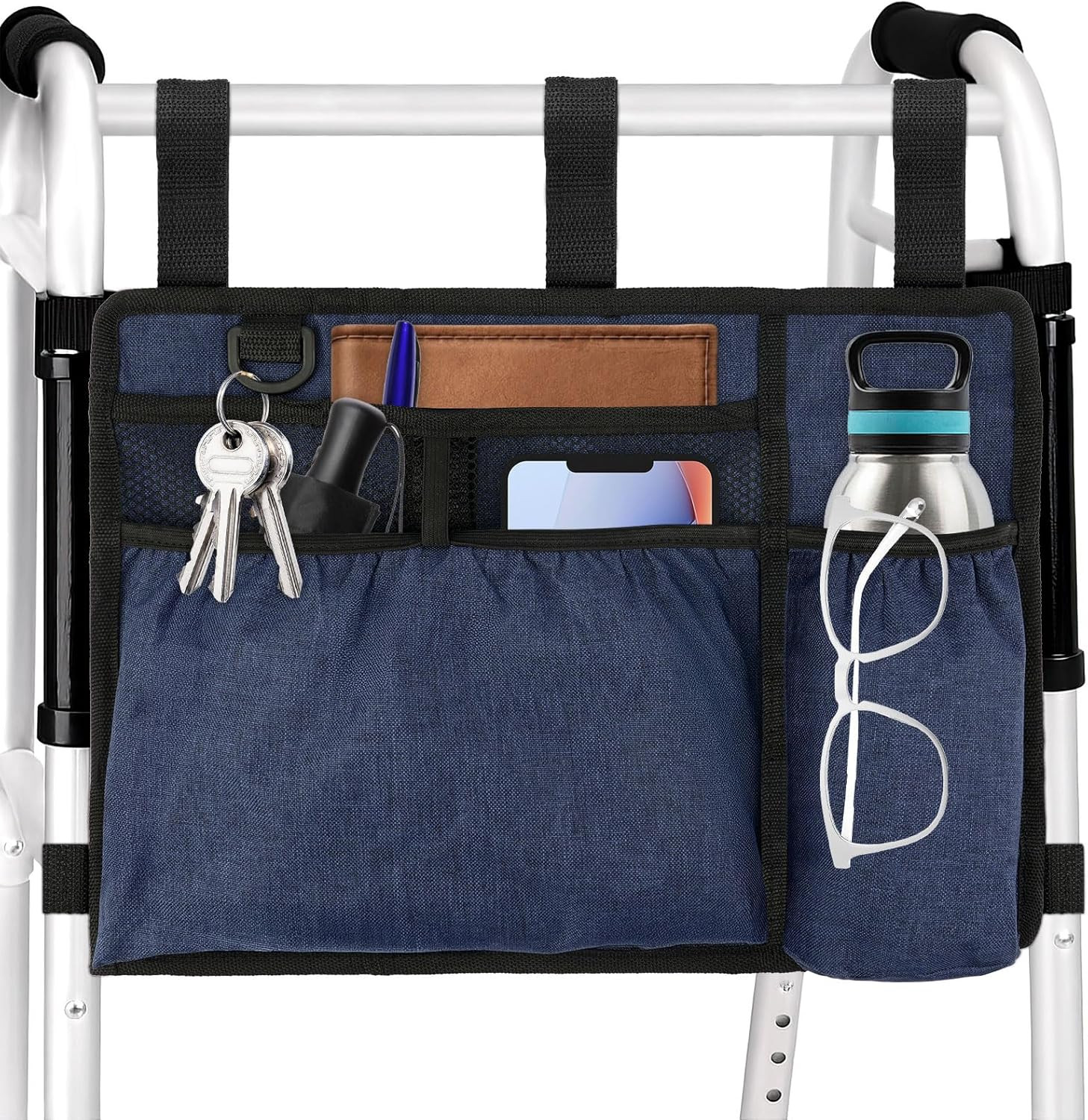 Walker Bag Basket with Cup Holder for Folding Walker Accessories, Dark Blue