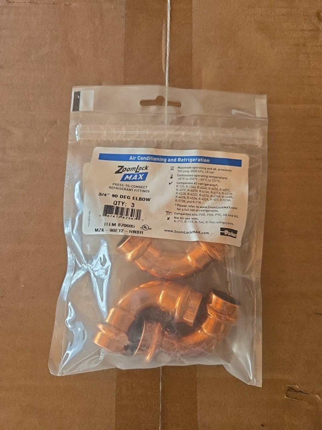 Parker ZoomLock MAX 870605 Refrigerant Press Fittings 3/4" 90 Degree Elbow 3 Pk