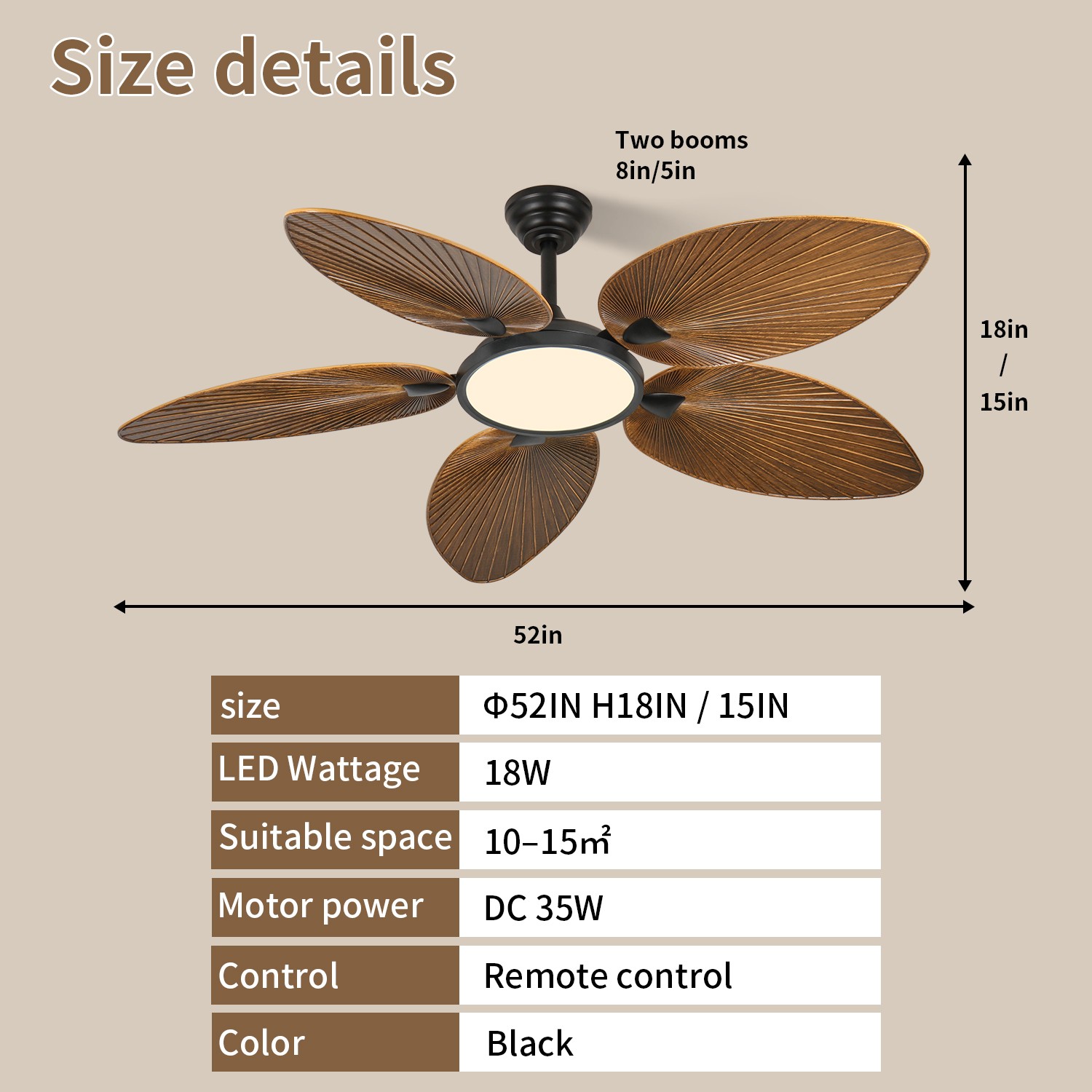 52 Inch Tropical Ceiling Fan with LED Light, Palm Leaf Design, Remote Control