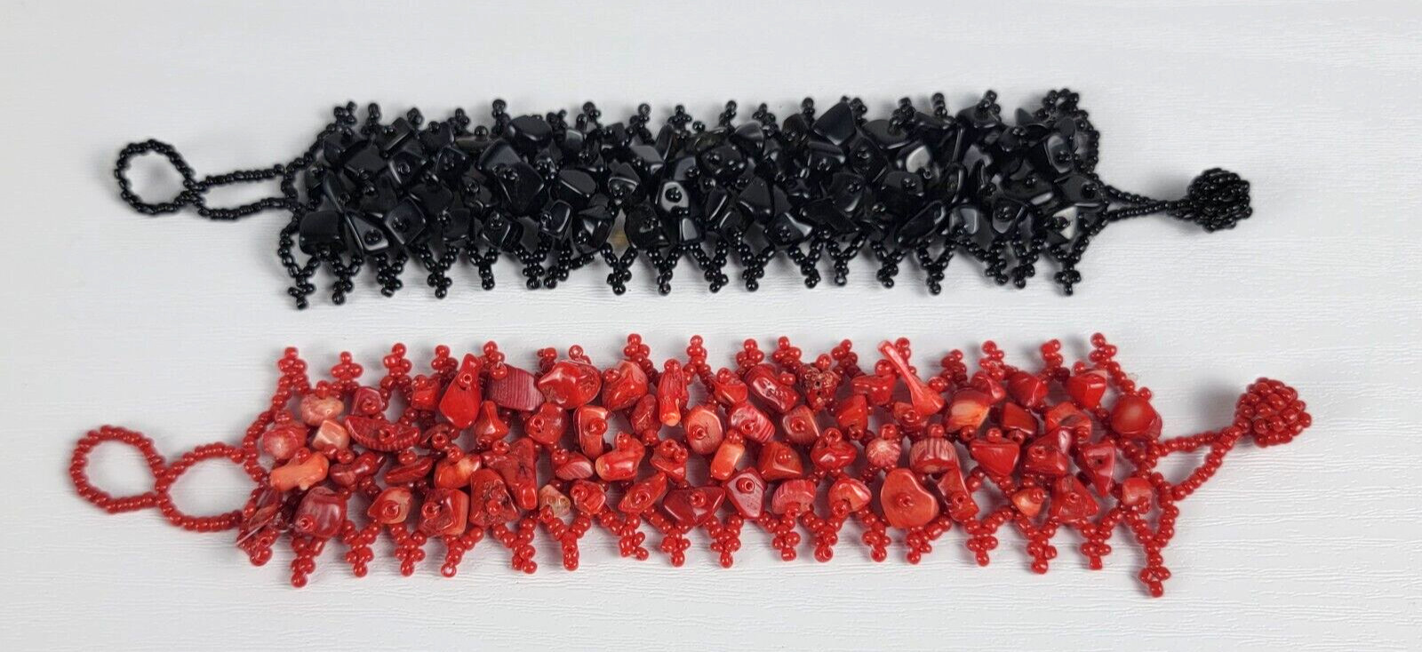 Artisan Seed Bead Bracelet 7.5 Inch Set Of 2 Black And Red Boho Ethnic