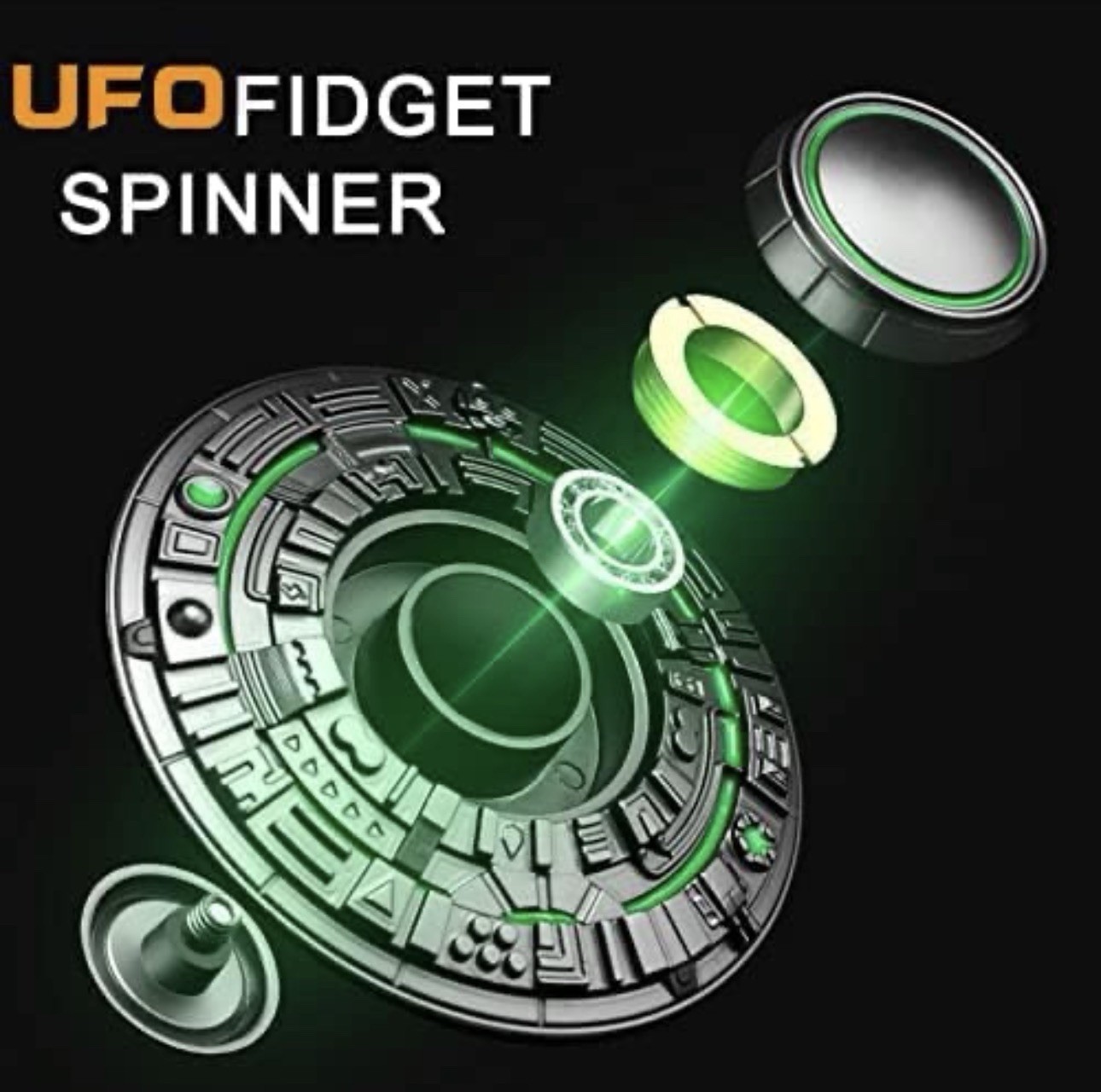 Anzmtosn UFO Spaceship Luminous Metal Fidget Spinner Black Green R188 Bearings