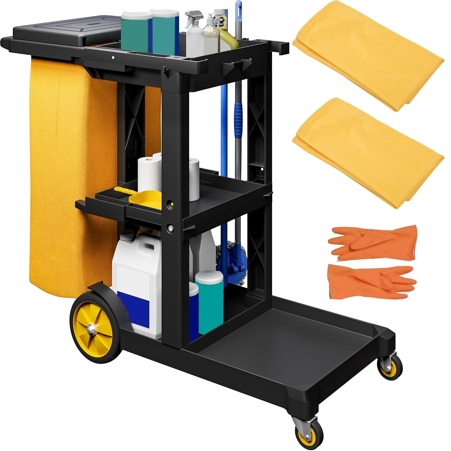 Janitorial Cleaning Cart with Wheels, Dual Trash Bags, 3-Shelf Housekeeping Serv