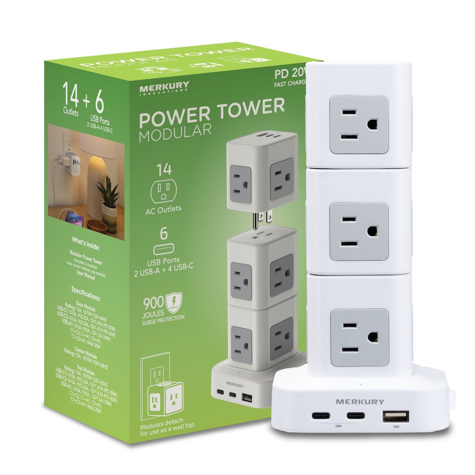 Merkury Innovations Modular Power Tower, 14 AC Outlets, 6 USB-A, 4 USB-C PD 20W,