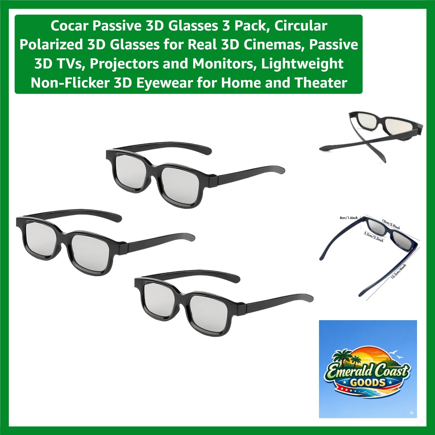 3-Pack Lightweight Passive 3D Glasses - Circular Polarized Eyewear for All Ages