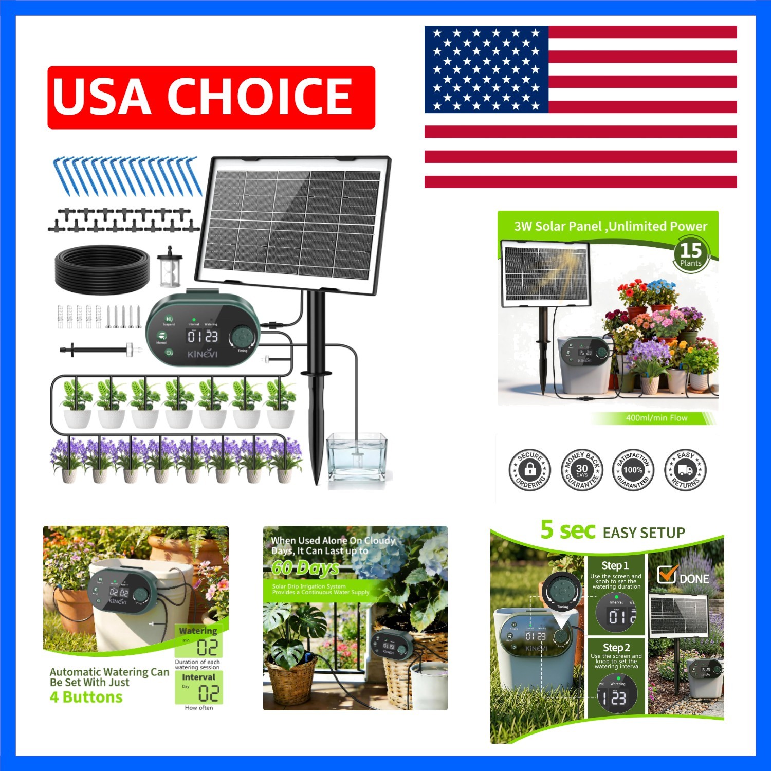 Solar Drip Irrigation System Kit, Auto Watering Kit for 15 Pots, 3W Solar Pow...