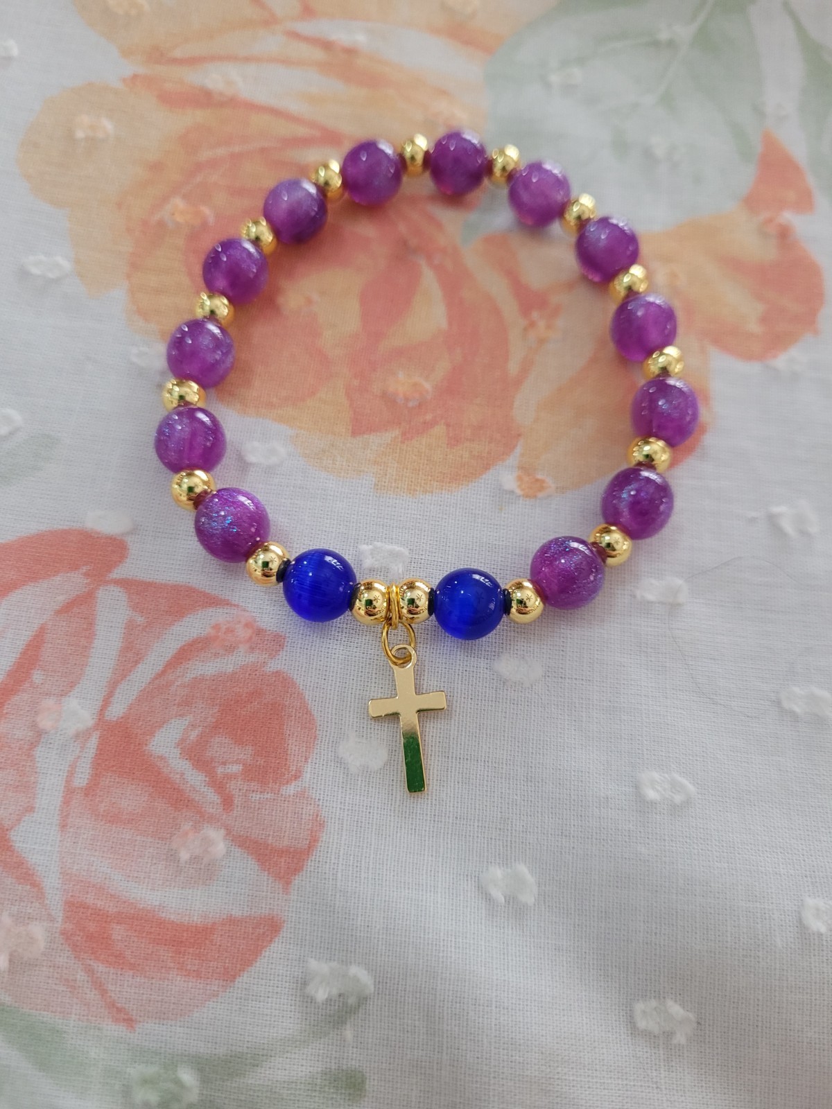 Beautiful Handmade Gold Cross Charm Glass Beaded Bracelet Purple Blue Gold Beads