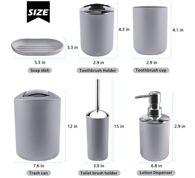 6-Piece Bathroom Accessory Set - Gray | Toothbrush, Soap, Trash Can & More