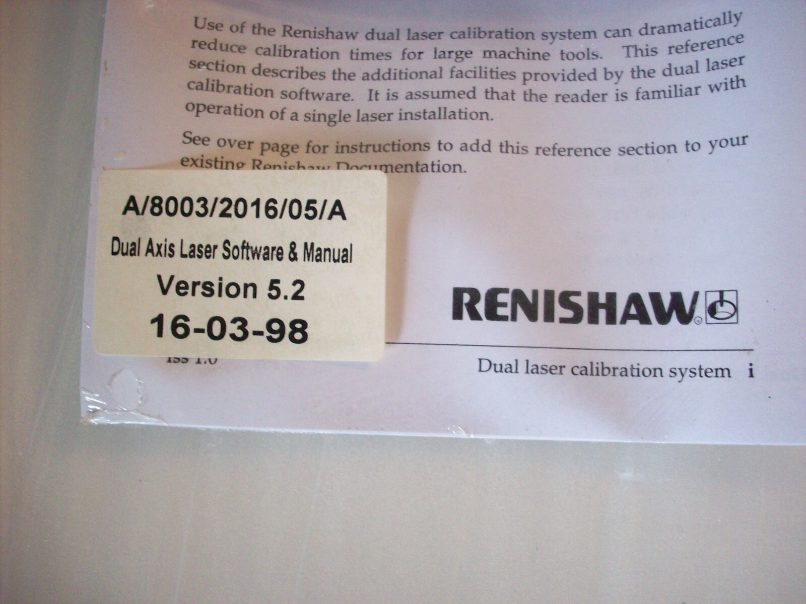 Renishaw Dual Axis Laser Software & Manual Version 5.2 A/8003/2016/05/A