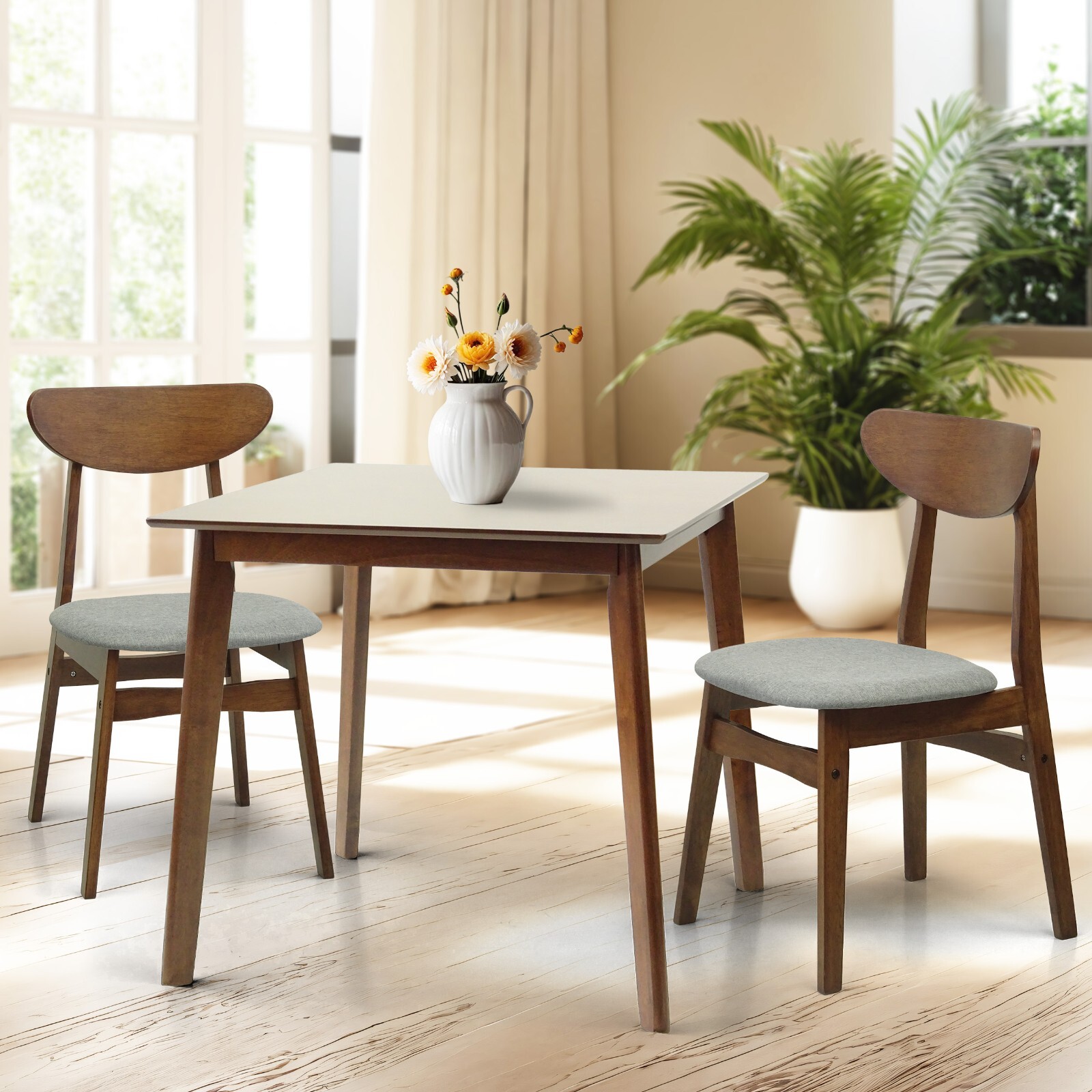 Set of 3 Dining Kitchen Square Table and 2 Yumiko Chairs, Medium Brown Color
