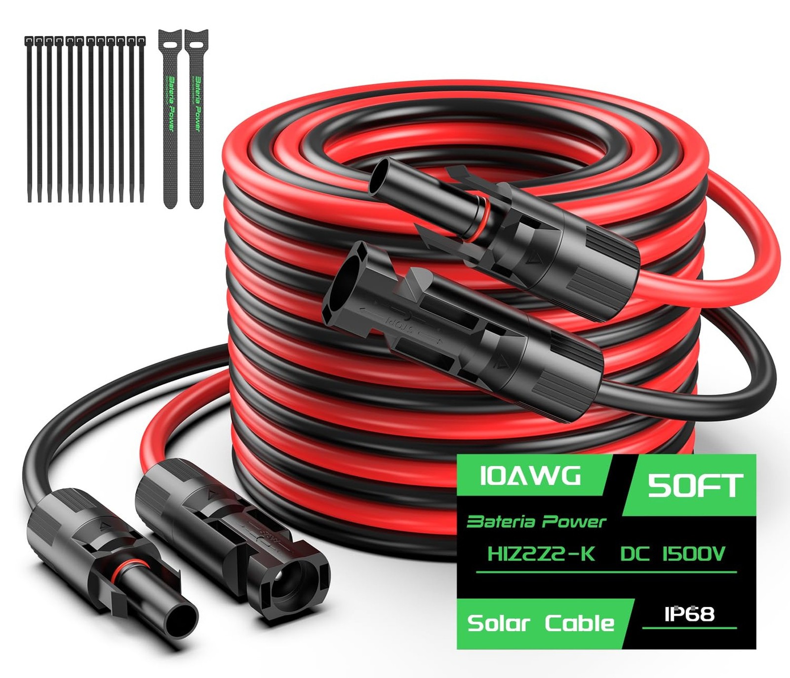 50FT 10AWG Solar Panel Extension Cable, Bateria Power 6mm² Solar Extension