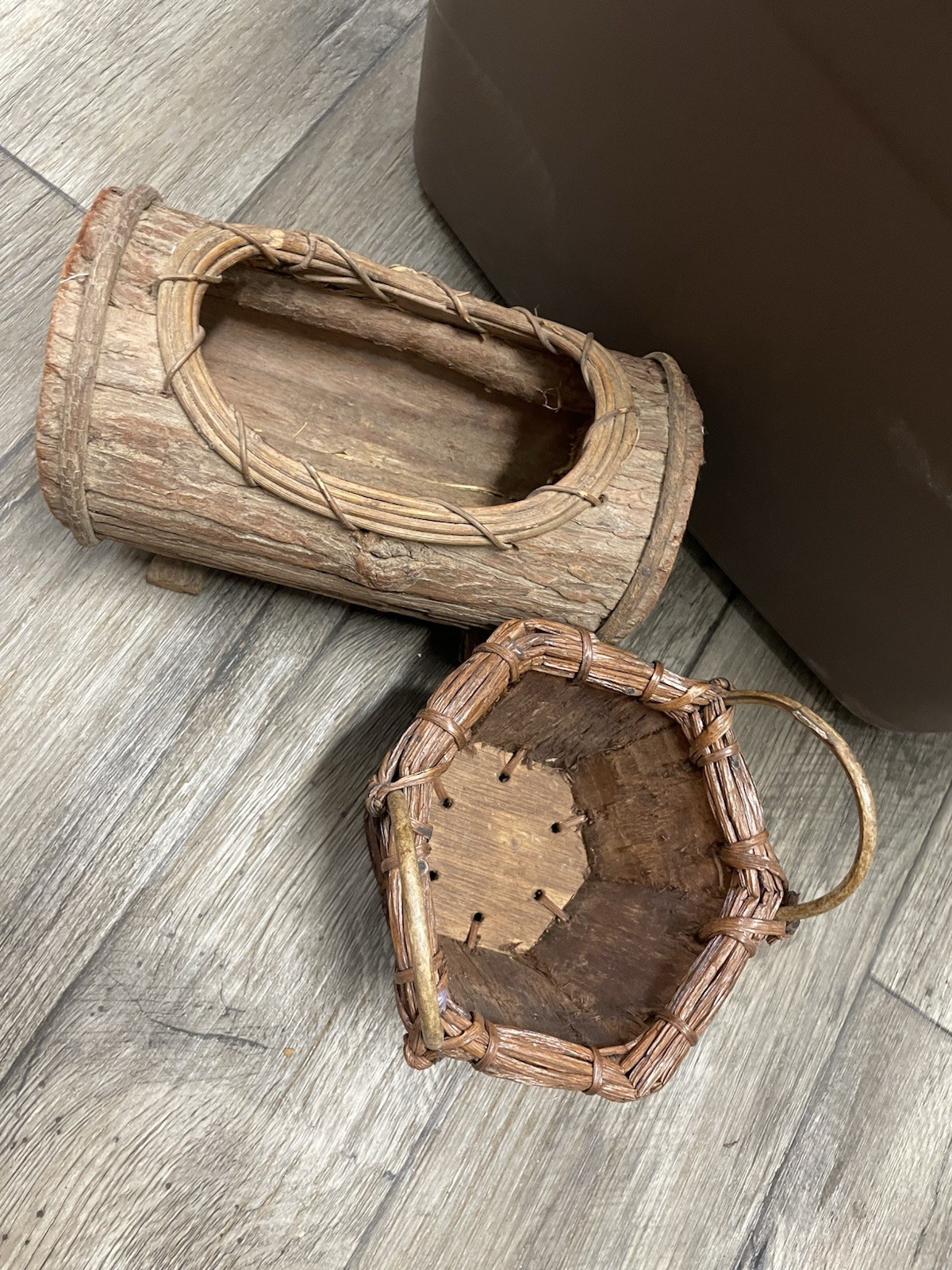 Handmade Baskets Rustic Lot Of 2 Tree Bark & Vine Brown 2 Sizes