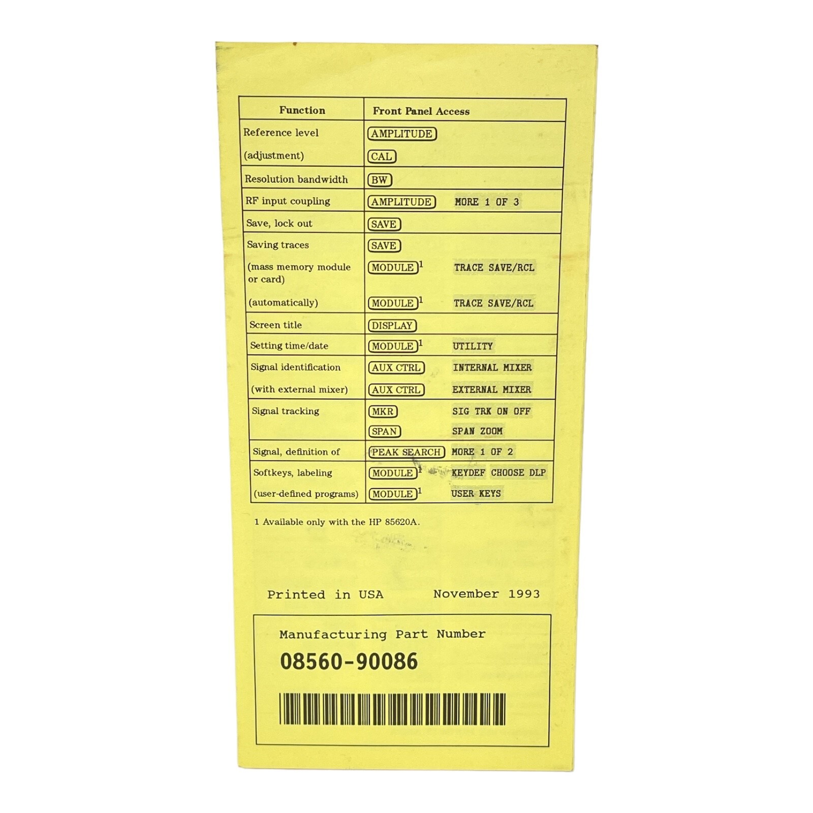 HP 8560 E-SERIES SPECTRUM ANALYZER FRONT PANEL FUNCTIONS PAMPHLET MANUAL