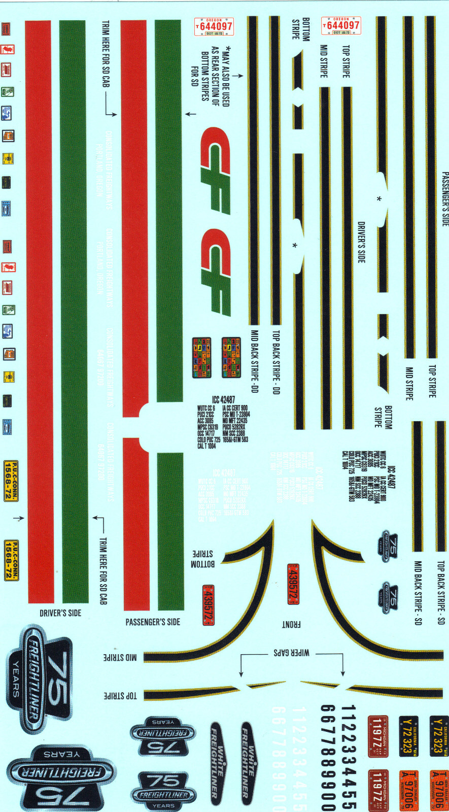 SD DD White Freightliner 1/25 Waterslide Decal Sheet Stipes License Plates Dot