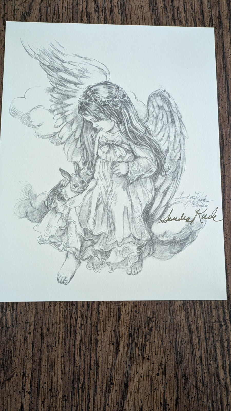 Sandra Kuck pencil sketch of angel and bunny, 8 1/2 x 11, 2002, Signed by artist