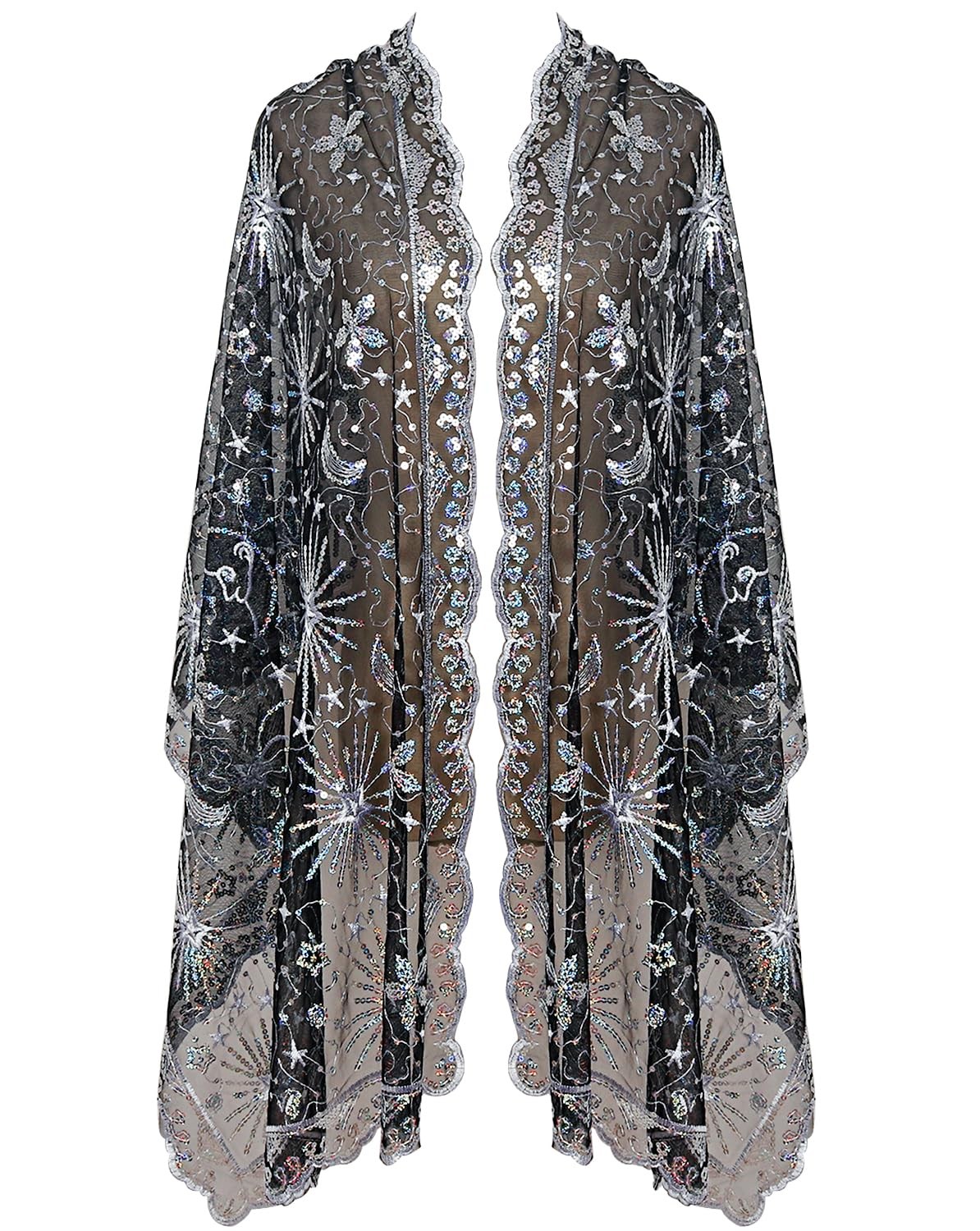 Women's Glittering 1920s Scarf Mesh Sequin Wedding Cape Fringed Evening Shawl...