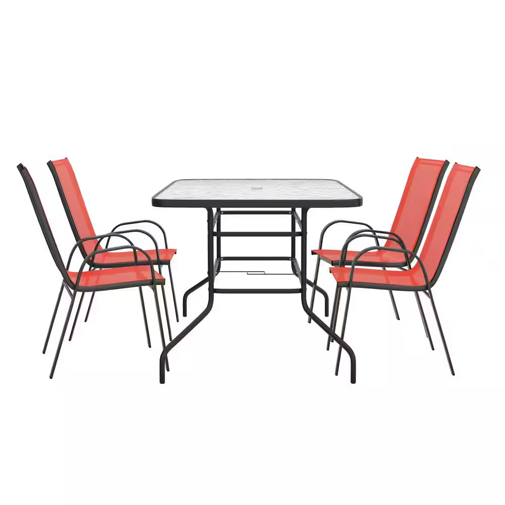Brazos Red 5-Piece Metal Rectangular Table and 4-Red Flex Comfort Stack Chairs O