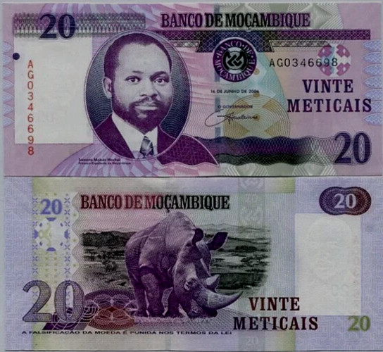 Mozambique 20 METICAIS P-143 2006 Mozambican Rhino UNC Animal Wildlife BANK NOTE