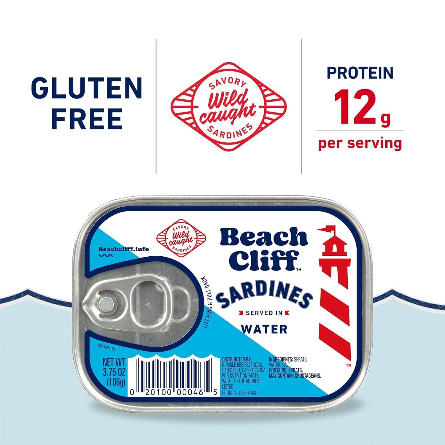 Beach Cliff Sardines in Water, Wild Caught, 3.75 oz Can, Pack of 12