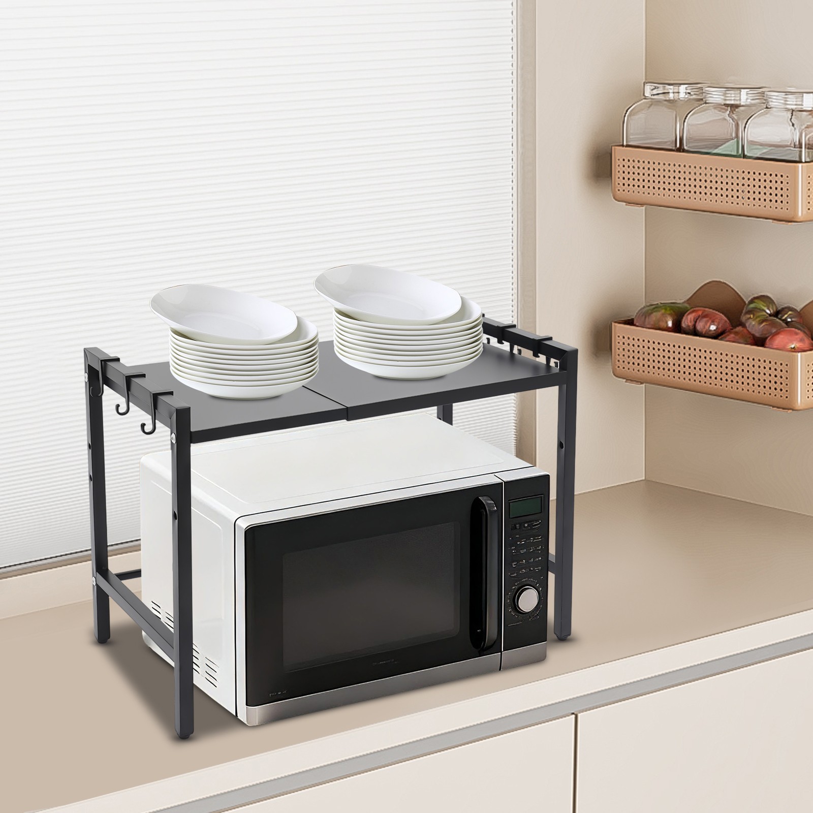 Kitchen Countertop Organizer with Hooks Adjustable Microwave Stand 66lbs Load