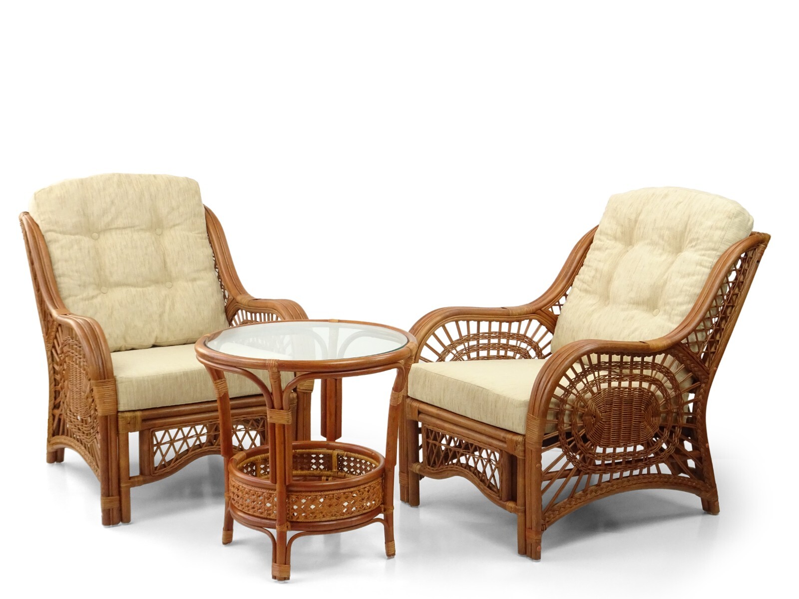 Malibu Living Set of 2 Lounge Chairs Rattan ECO and Coffee Table w/Glass, Cognac