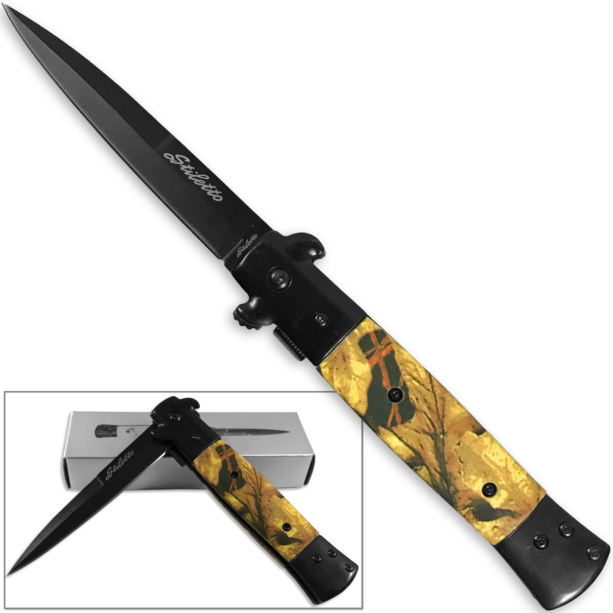 Milano Godfather Kissing Crane Knives Legal Assisted Opening Knife Woodland Camo