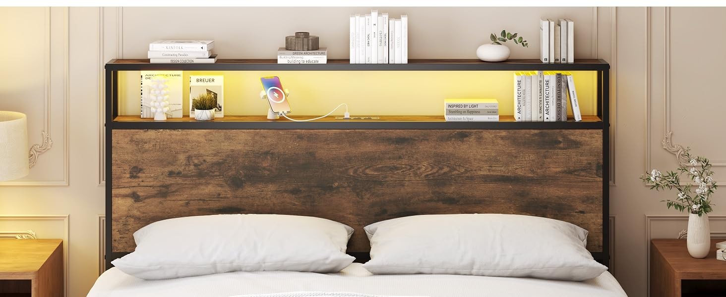 Queen Bed Frame with 2-Tier Storage Headboard, Bedroom Metal Bed Frame with 2