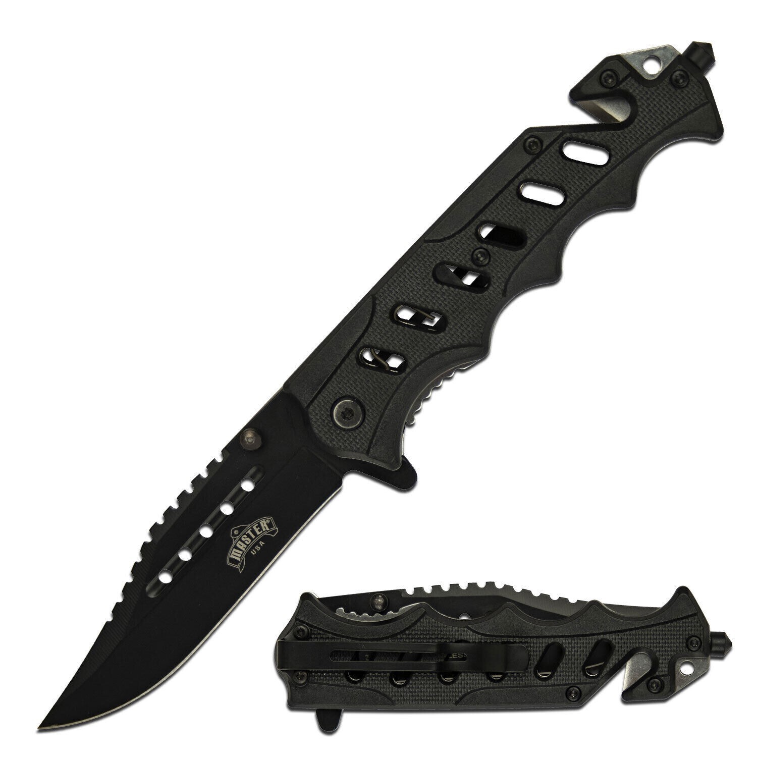 Master USA Black Rescue Tactical Spring Assist EDC Stainless Steel Pocket Knife