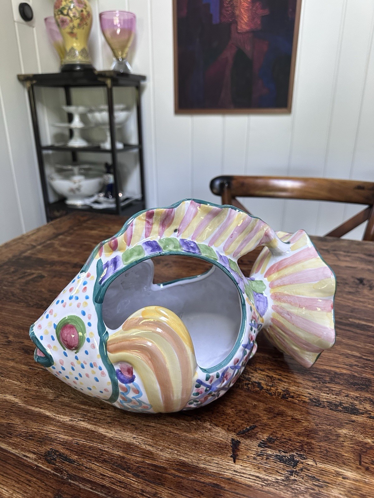 Majolica Uniquely Hand Painted Hanging Fish Planter Centerpiece