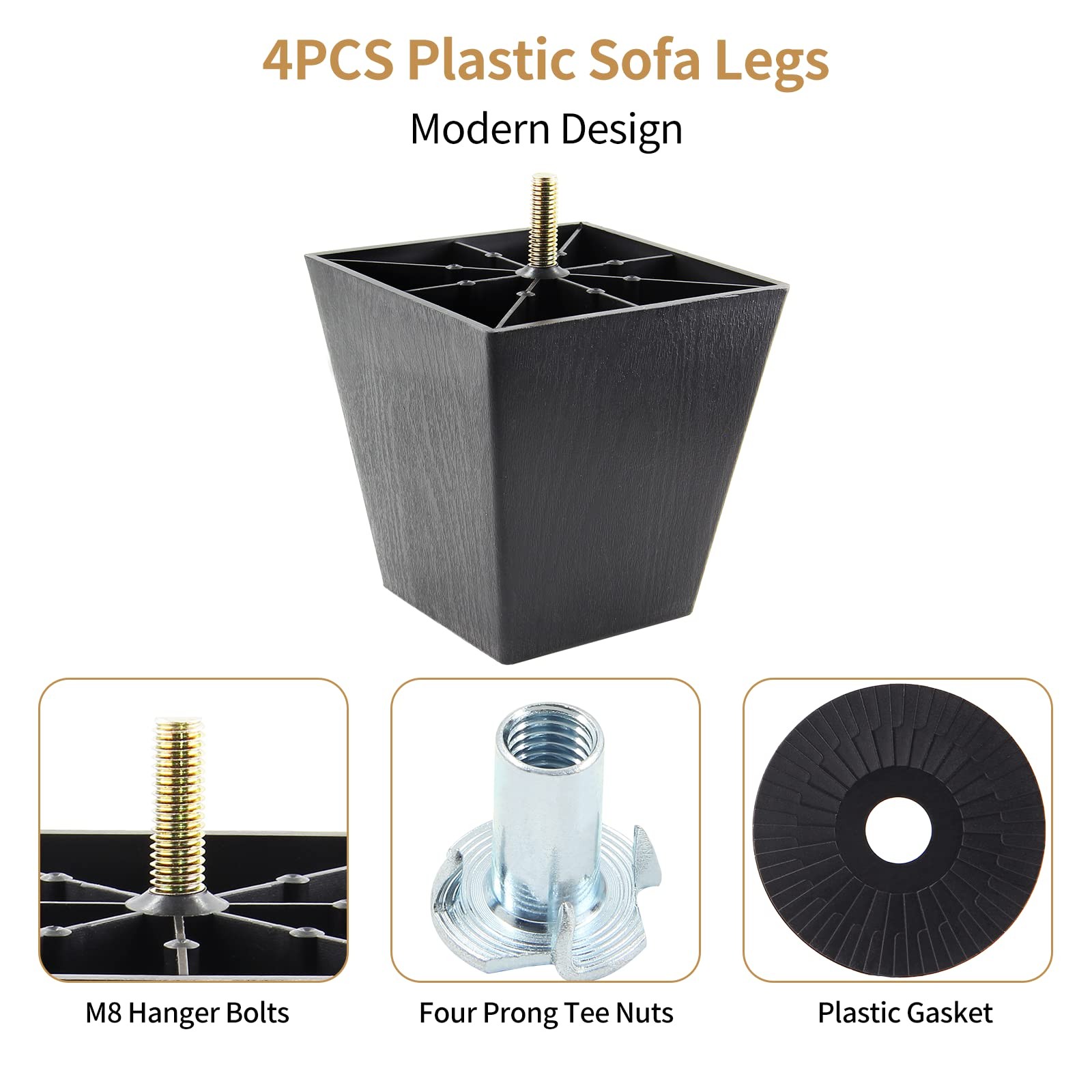 Plastic Sofa Legs Set of 4, 4 Inch / 100mm Couch Legs Replacement, Black Tape...