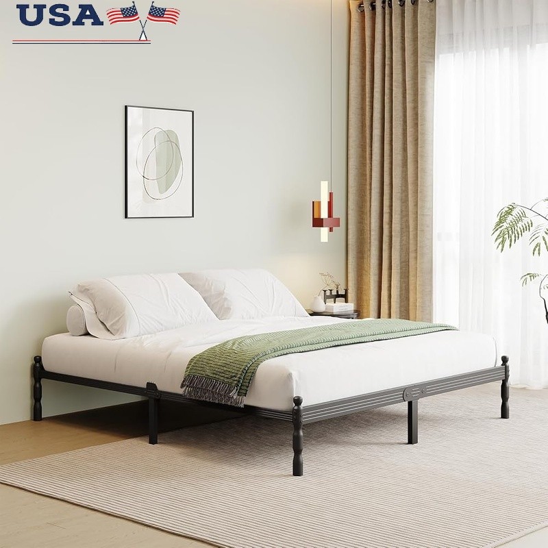 Metal King Bed Frame Platform Easy Assemble Storage Anti-Slip Squeak Resistant