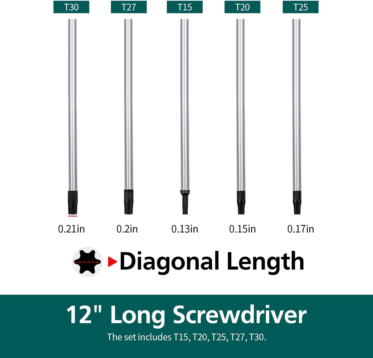 Extra Long Torx Screwdrivers Set, 5pcs 12in Magnetic T15 - T30