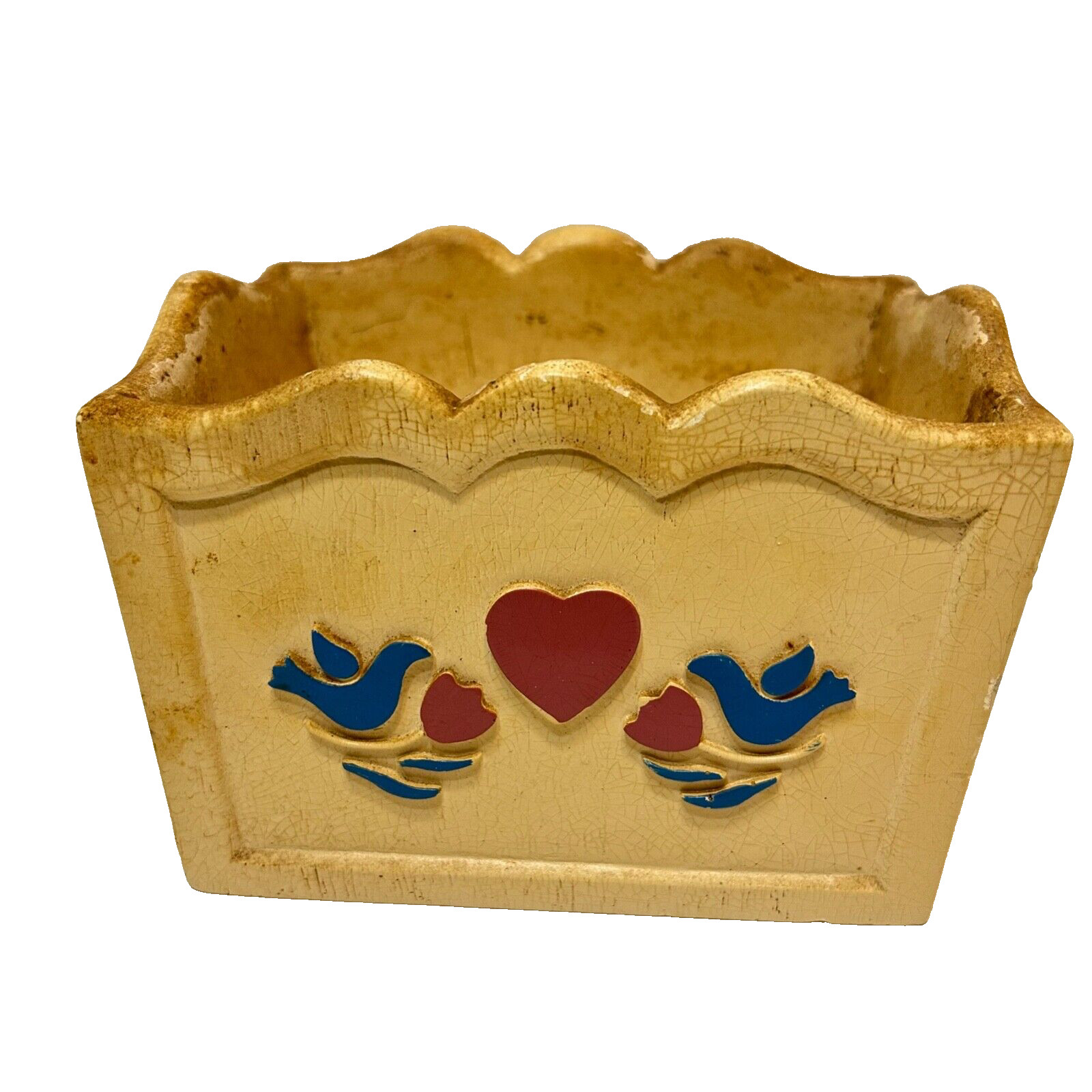 Vintage FTD 1985 Wooden 3D Planter Painted Birds Hearts 5.5 x 4 x 3.5"