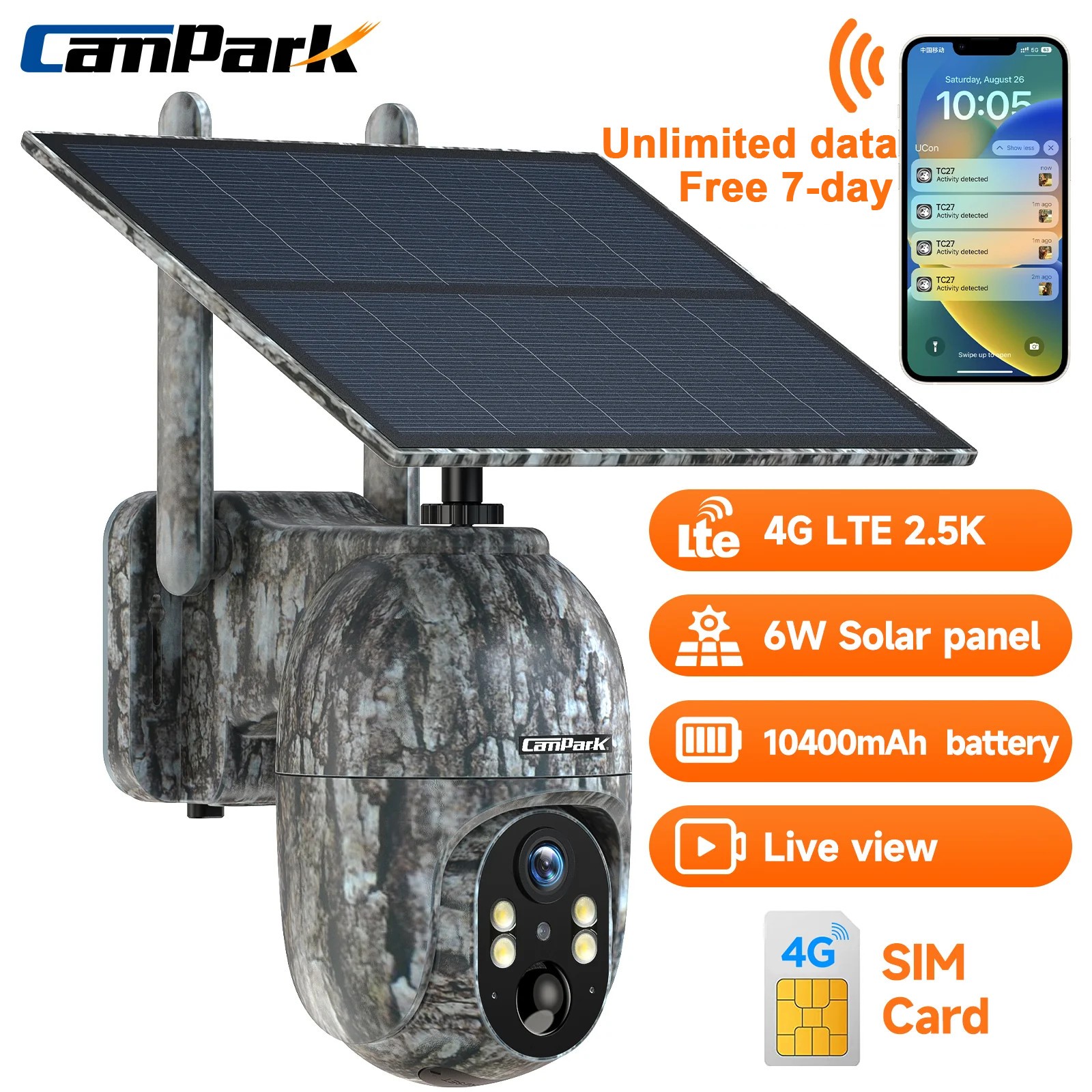 4G LTE Cellular Trail Camera 2K Solar Power Instant Alert 10400mAh Live view SIM